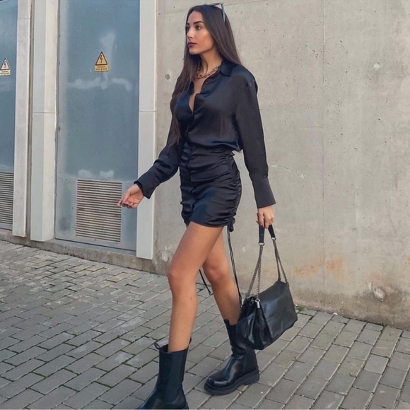 Zara Satin Shirt Mini Dress Black Blogger’s Favorite - Picture 7 of 16